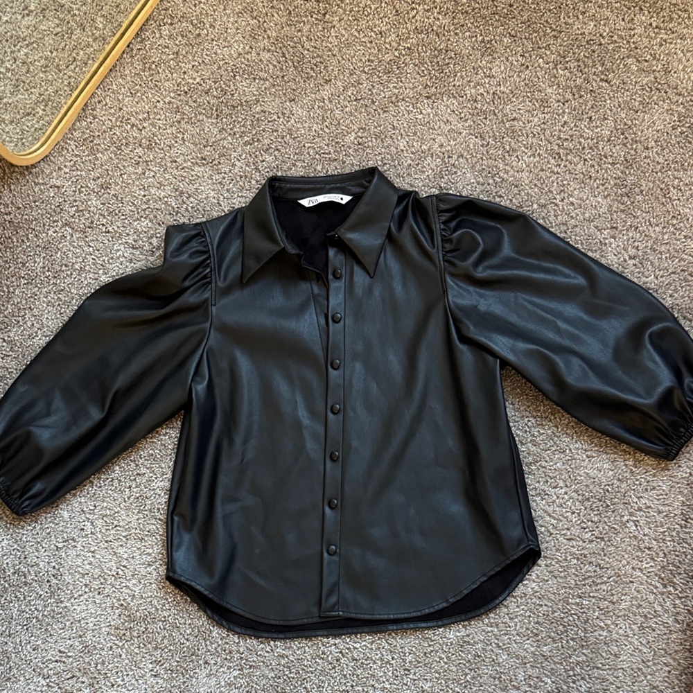 Zara Black Faux Leather Button-Up Blouse